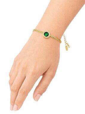 18K Gold Plated Stainless Steel Bracelet Green Gemstone Halo Waterproof, CZ